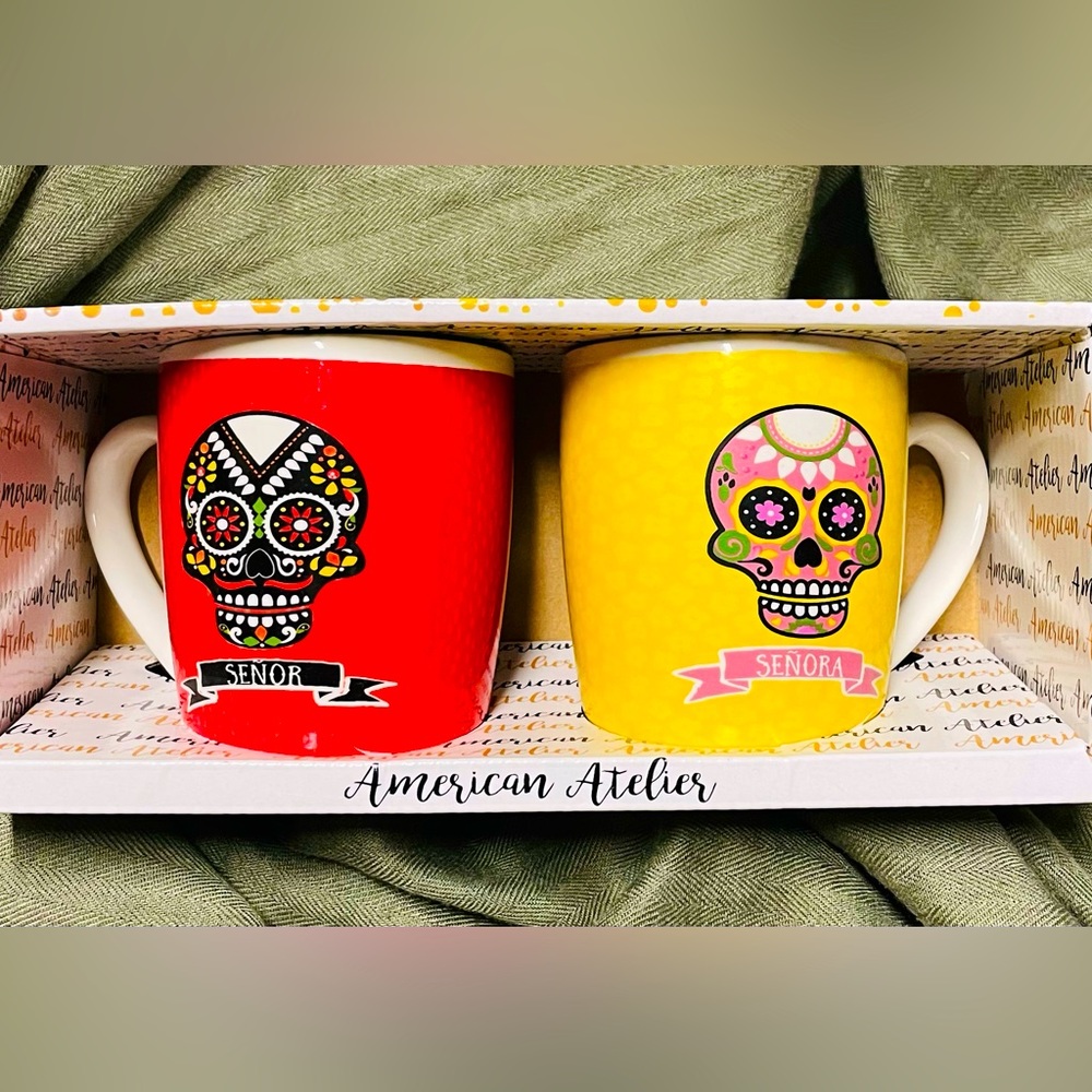 Sugar Skull Mug Set NWT in box senor señorita stoneware new funky